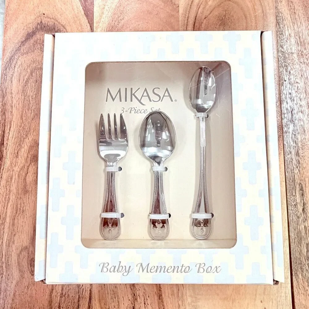 NWT Mikasa 3 Pc set baby Memento Box cross & beaded design Silver flatware set